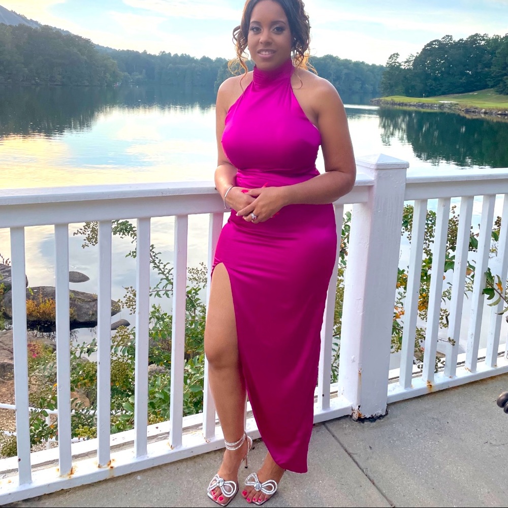 Hot pink halter dress.